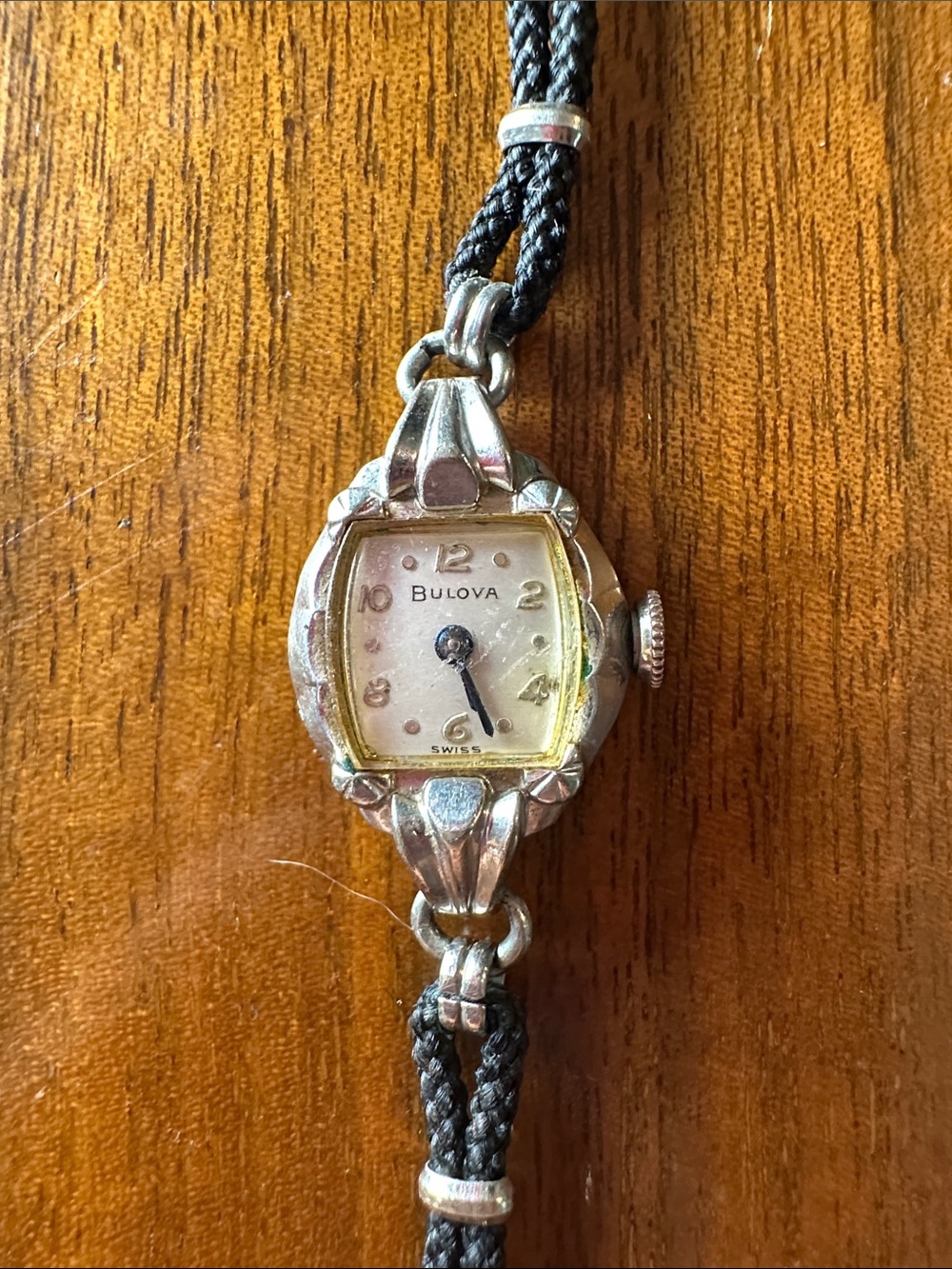 Vtg 50s Bulova Ladies Silver-Tone Watch on Black Cord Band for repair or parts